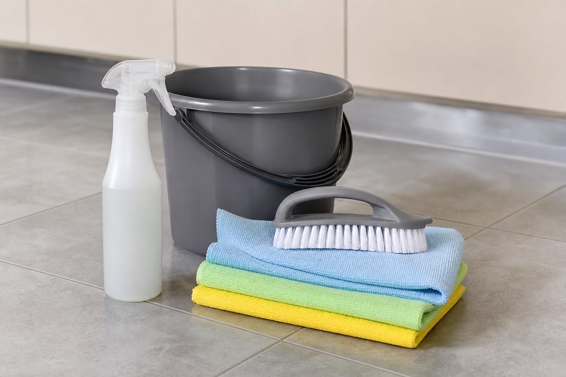 Beispiel: professionelles Reinigungsmaterial auf Fliesenboden