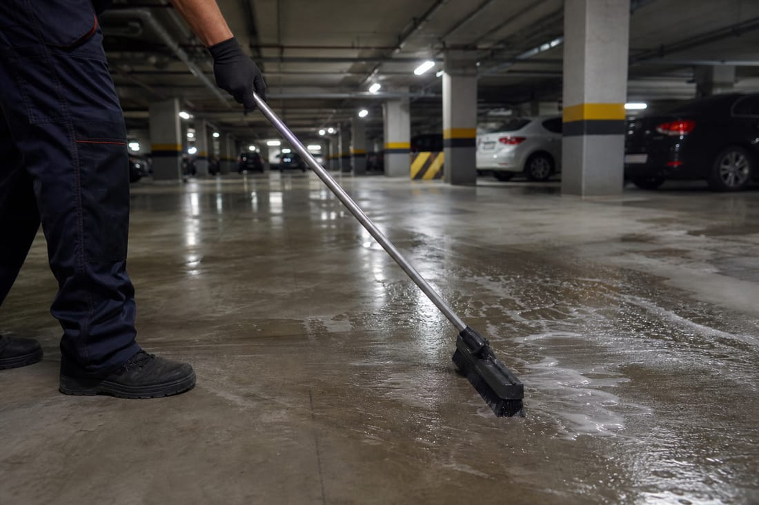Beispiel: Reinigung eines Betonbodens in der Tiefgarage